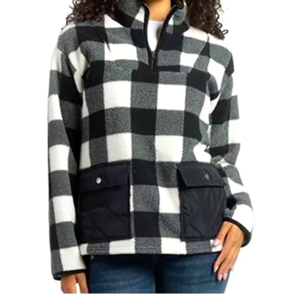 Black & White Buffalo Check Sherpa 1/4-Zip Pullover with front pockets size XXL - Picture 1 of 6